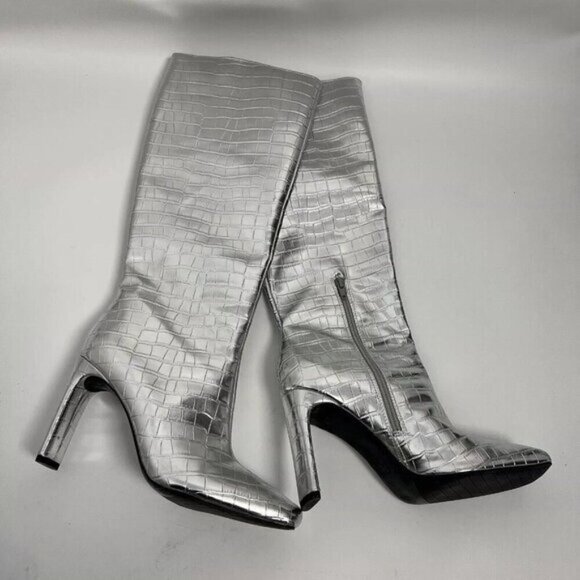Zara Metallic Laminated Crocodile Embossed Knee High Boots Euro Sz 40 US Sz 9 - Picture 15 of 16